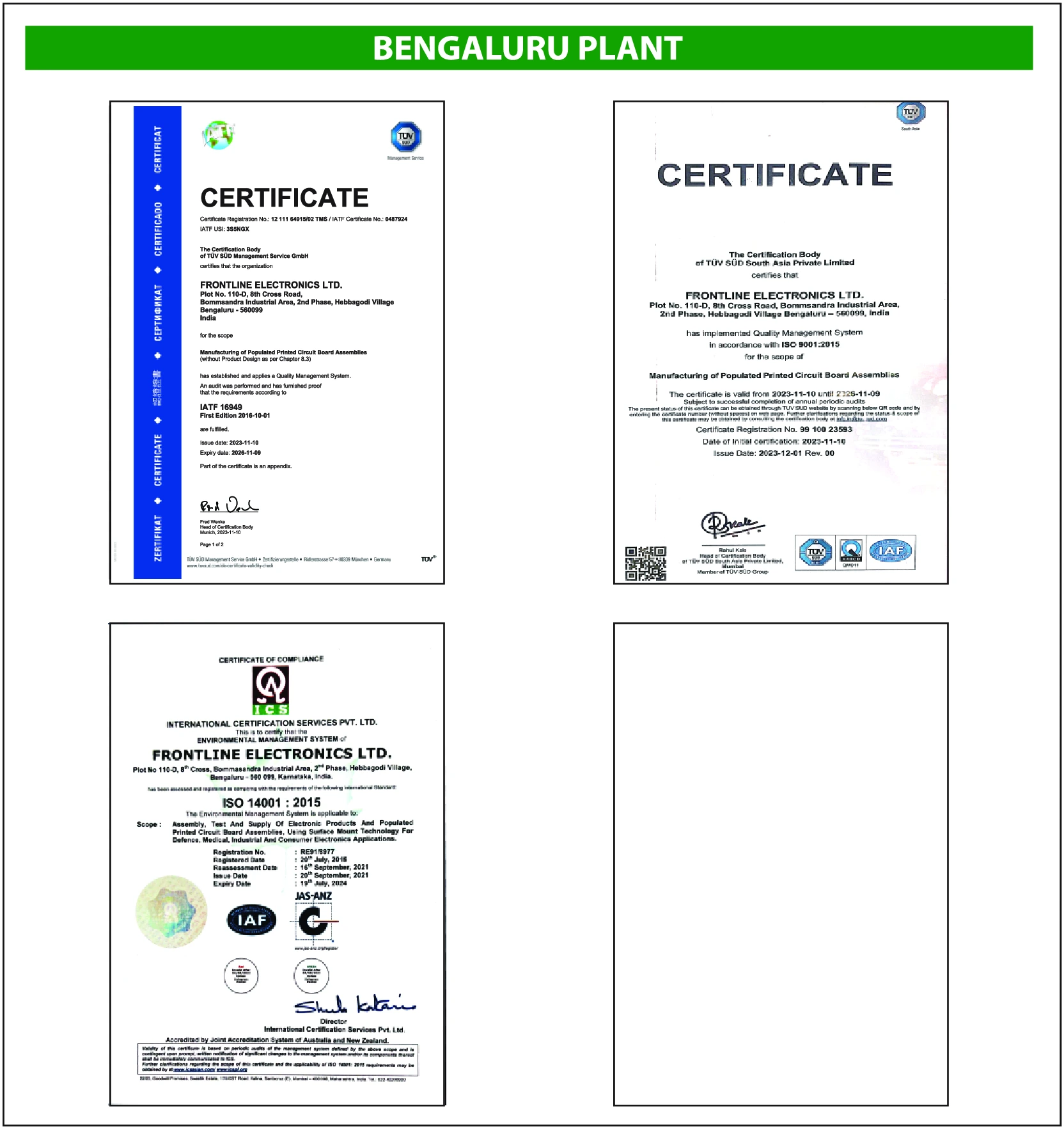 Bengaluru Plant Certifications