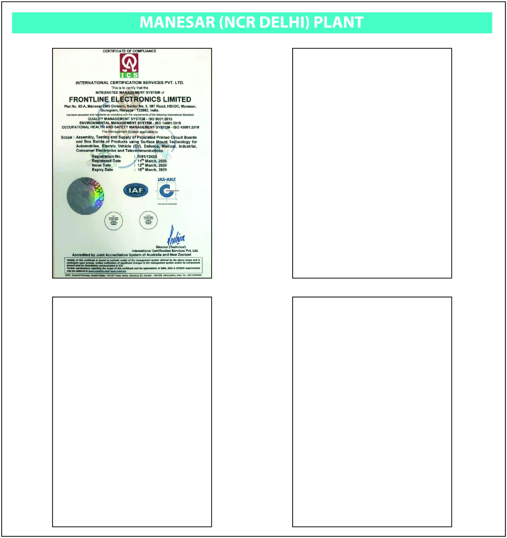 Manesar Plant Certifications