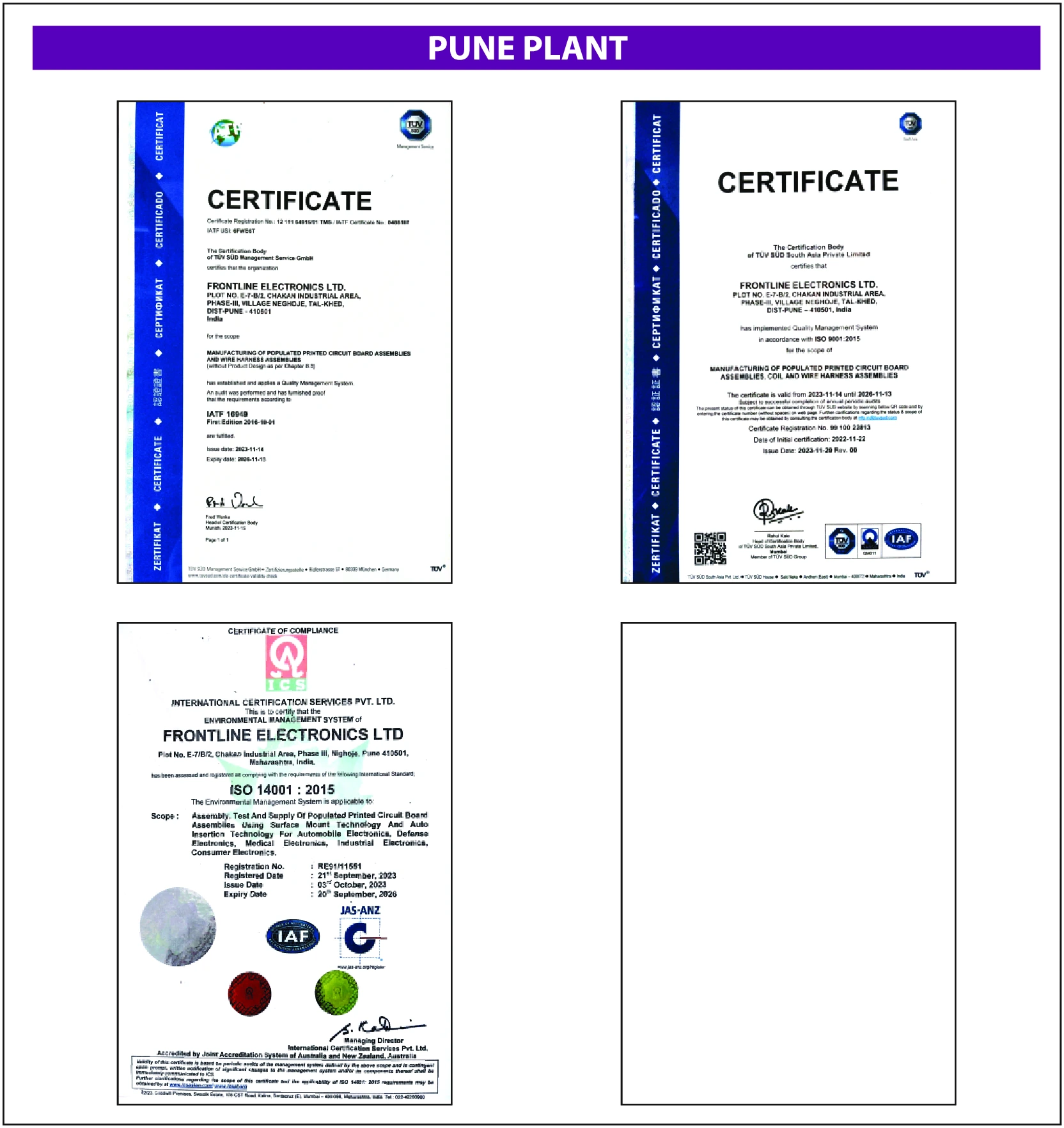 Pune Plant Certifications